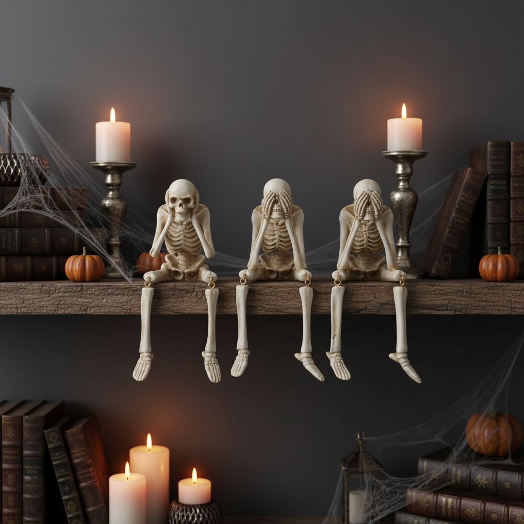 Thermabuild | Halloween Skeleton Shelf Sitters Figurines with Dangling Legs and Poseable Joints