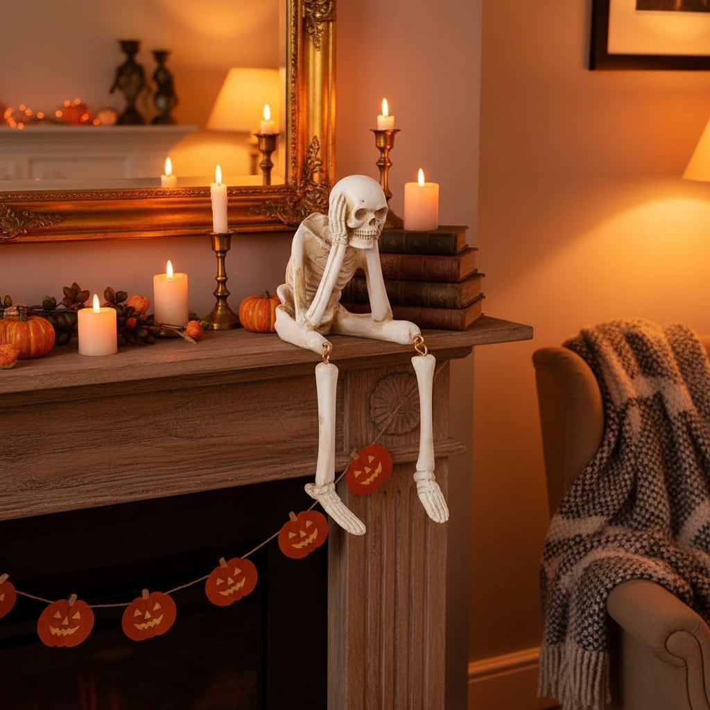 Thermabuild | Halloween Skeleton Shelf Sitters Figurines with Dangling Legs and Poseable Joints