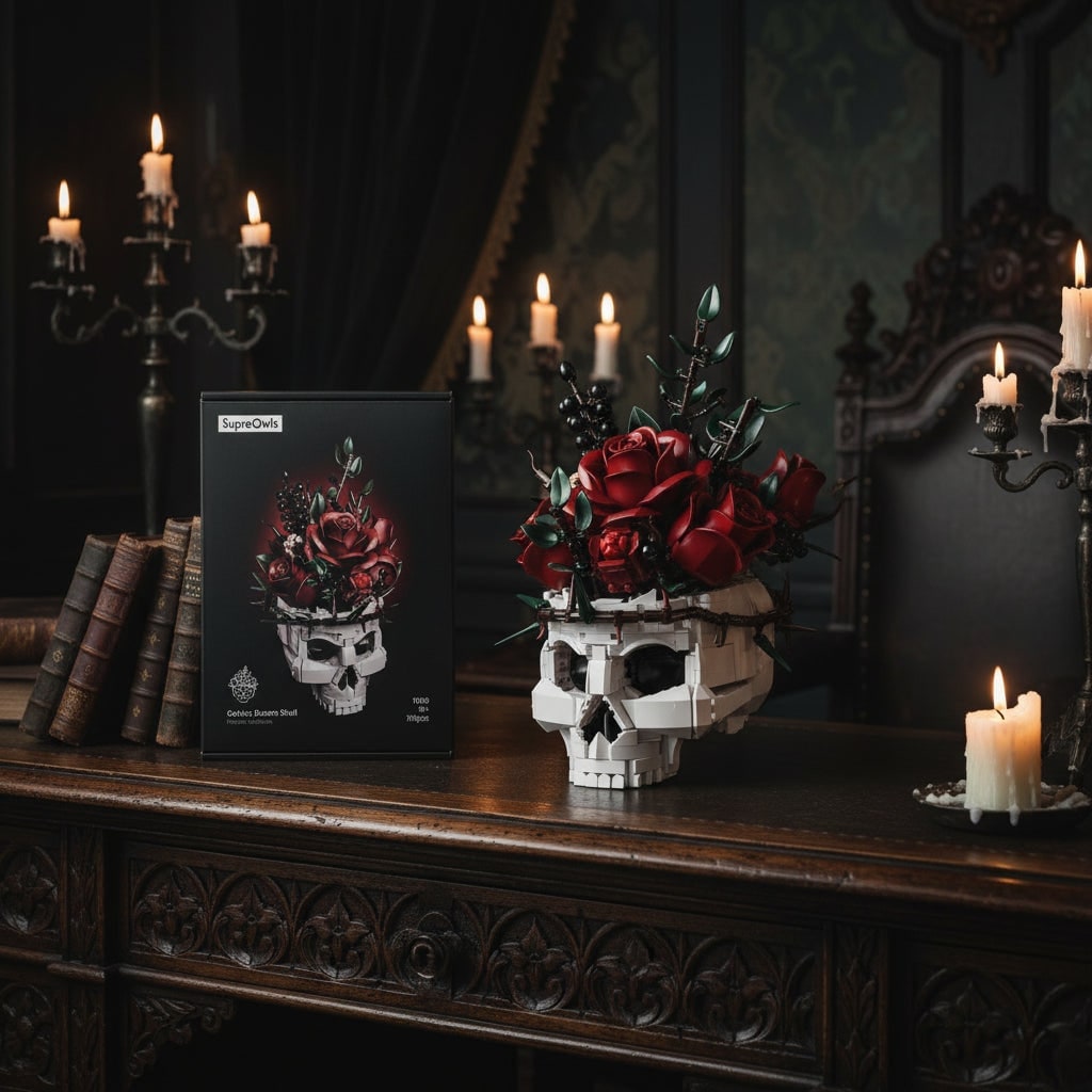 Thermabuild | Halloween Skull Building Blocks with Magnetic Tiles and Roses Gothic Decoration Kit