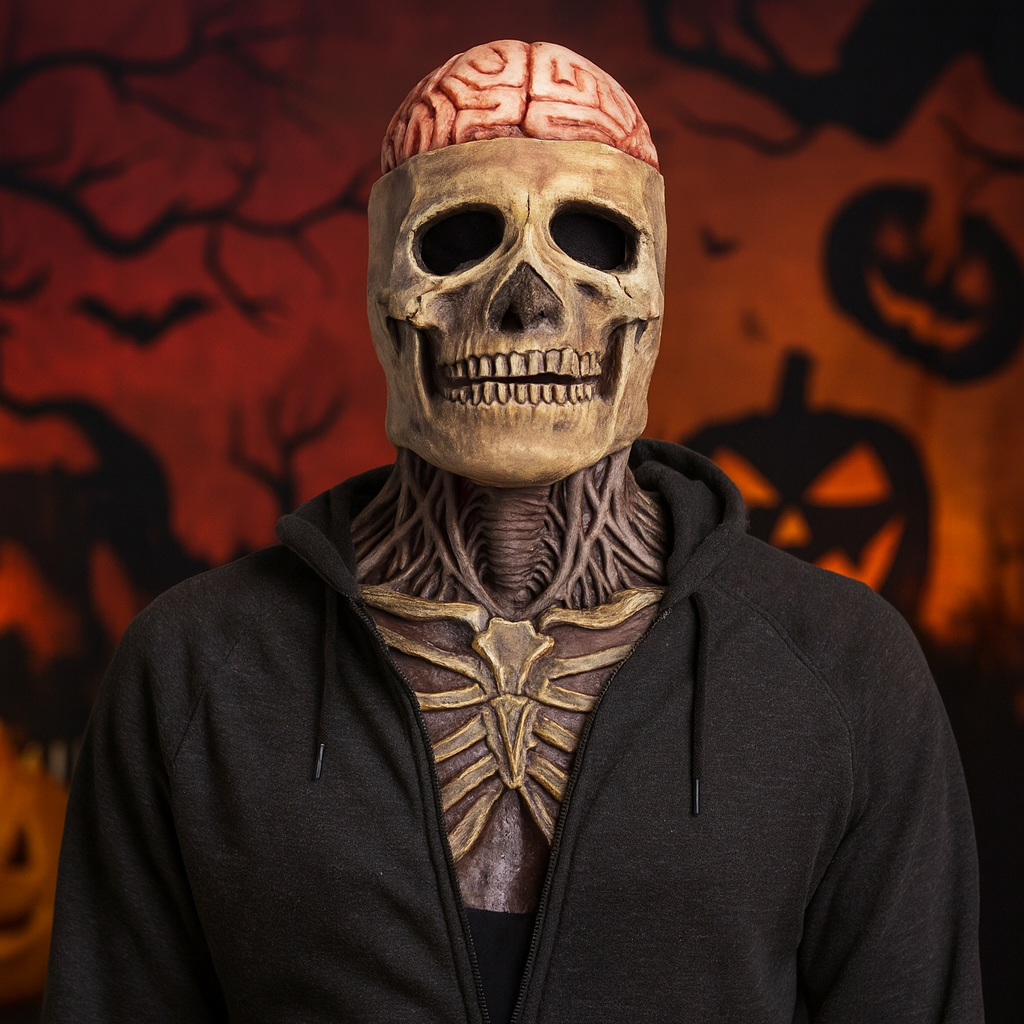 Thermabuild | Halloween Skull Mask Horror with Exposed Brain and Chest Bib Full Head Latex Skeleton Creepy Costume