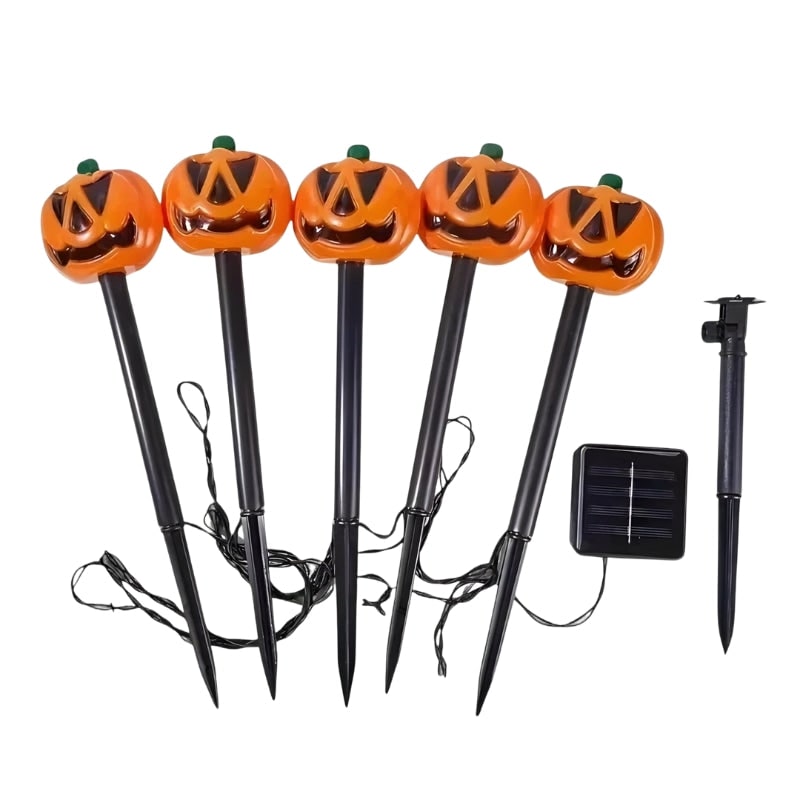 Thermabuild | Halloween Solar Pathway Lights with Pumpkin Jack-O-Lantern Stakes Outdoor Decoration Set of 5