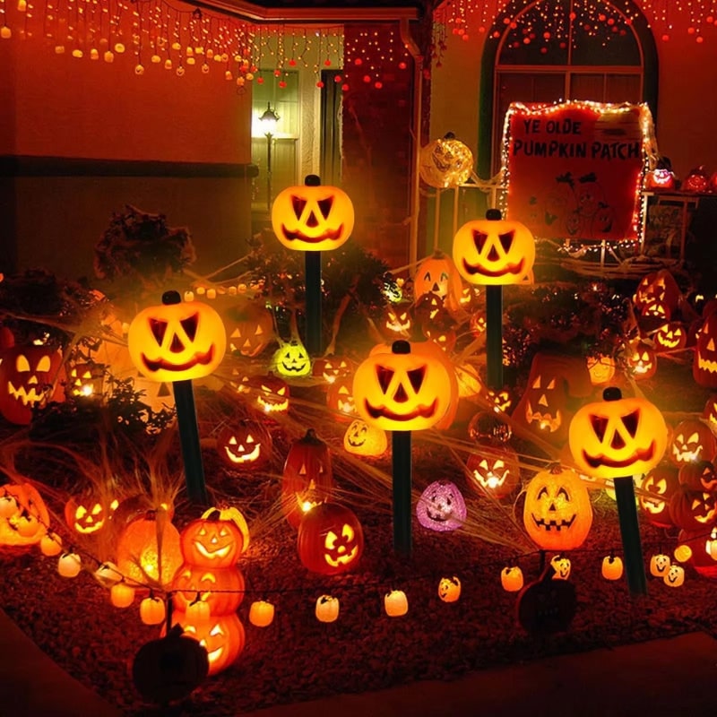 Thermabuild | Halloween Solar Pathway Lights with Pumpkin Jack-O-Lantern Stakes Outdoor Decoration Set of 5