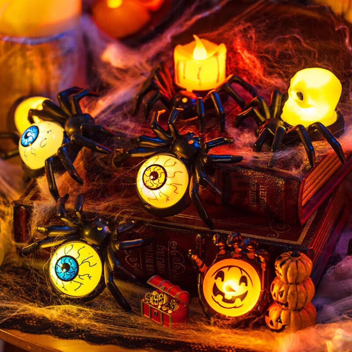 Thermabuild | Halloween Spider Tea Lights with LED Candles Battery Operated Flameless Holder Decoration