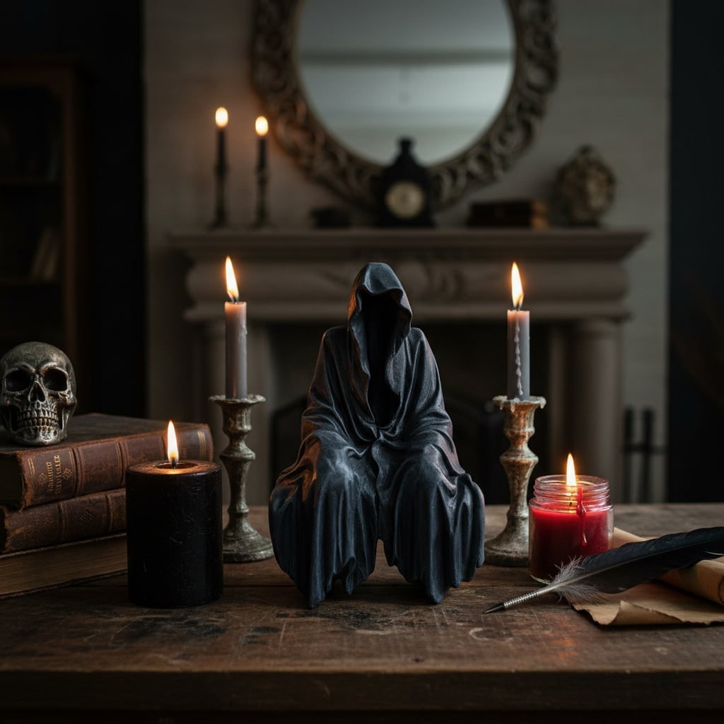 Thermabuild | Halloween Spooky Grim Reaper Shelf Sitter Statue Resin Figurine Decoration Hooded