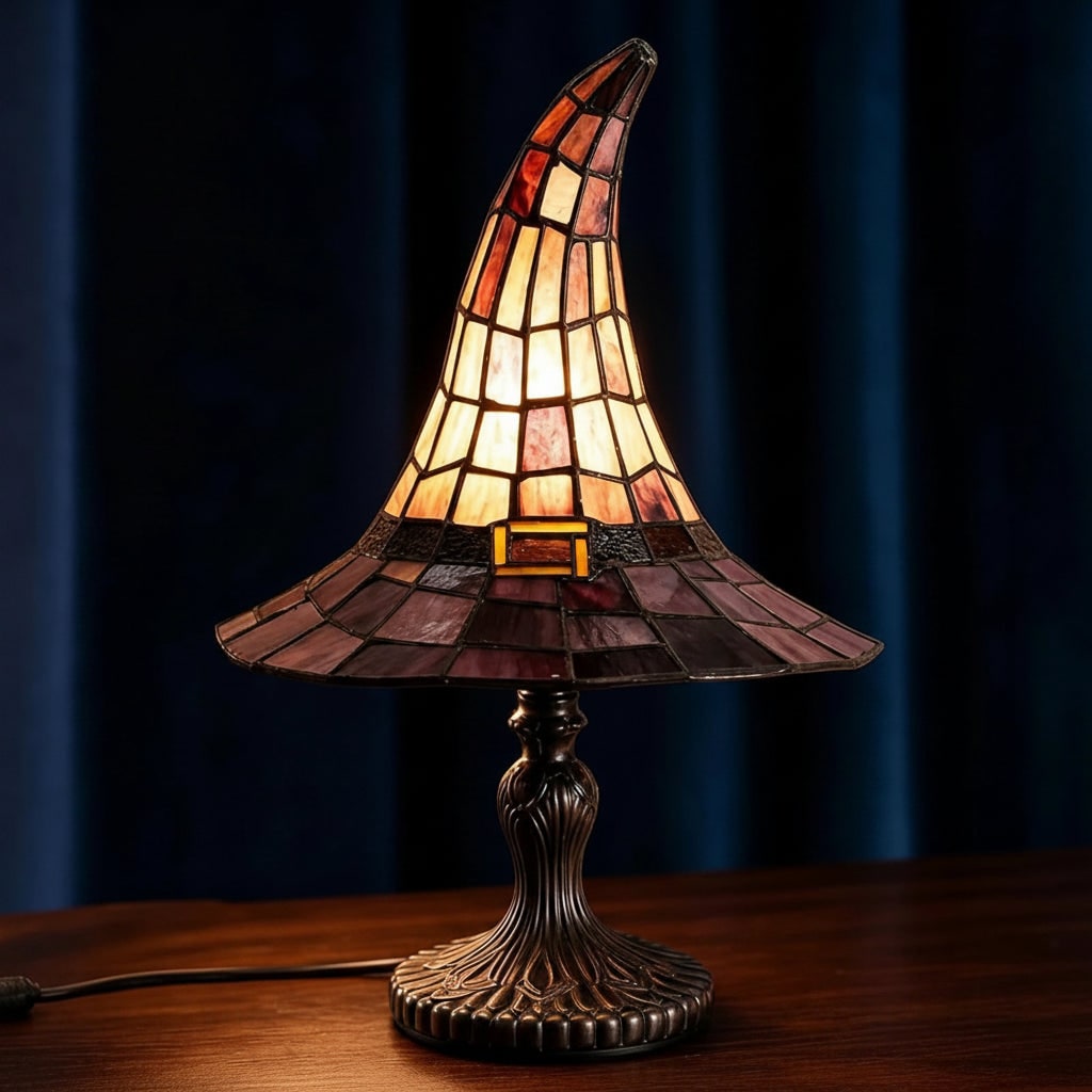 Thermabuild | Halloween Stained Glass Table Lamp with Witch Hat Design and Tiffany Style Lampshade