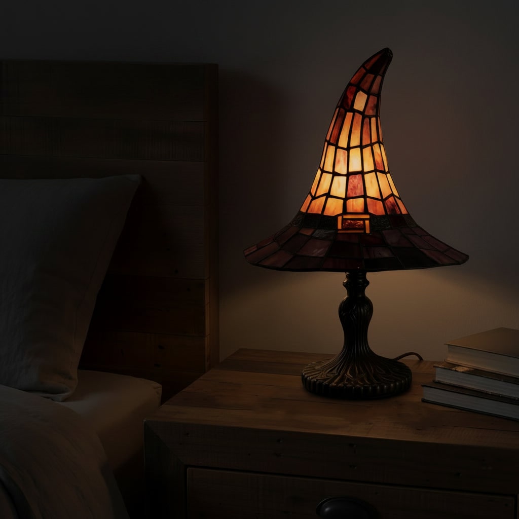 Thermabuild | Halloween Stained Glass Table Lamp with Witch Hat Design and Tiffany Style Lampshade