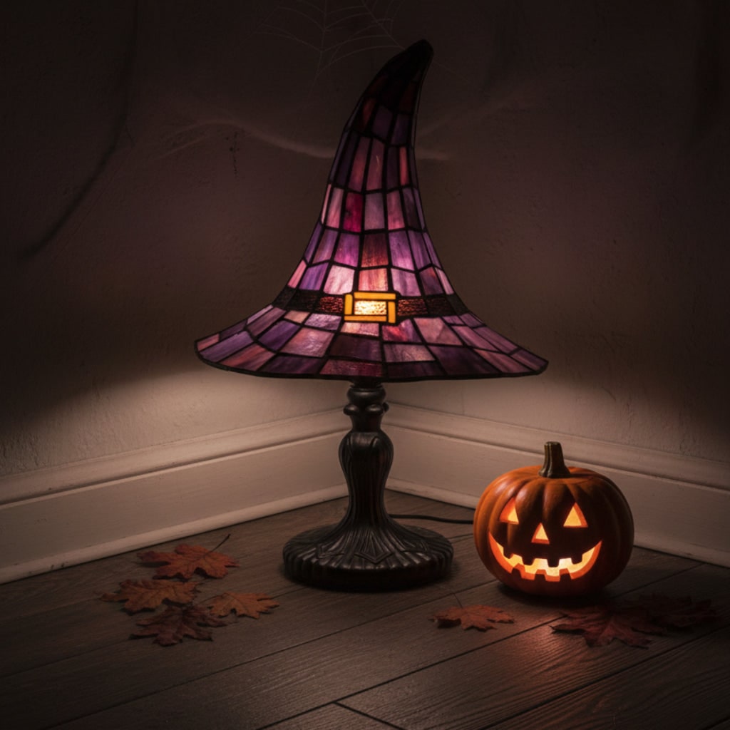 Thermabuild | Halloween Stained Glass Table Lamp with Witch Hat Design and Tiffany Style Lampshade