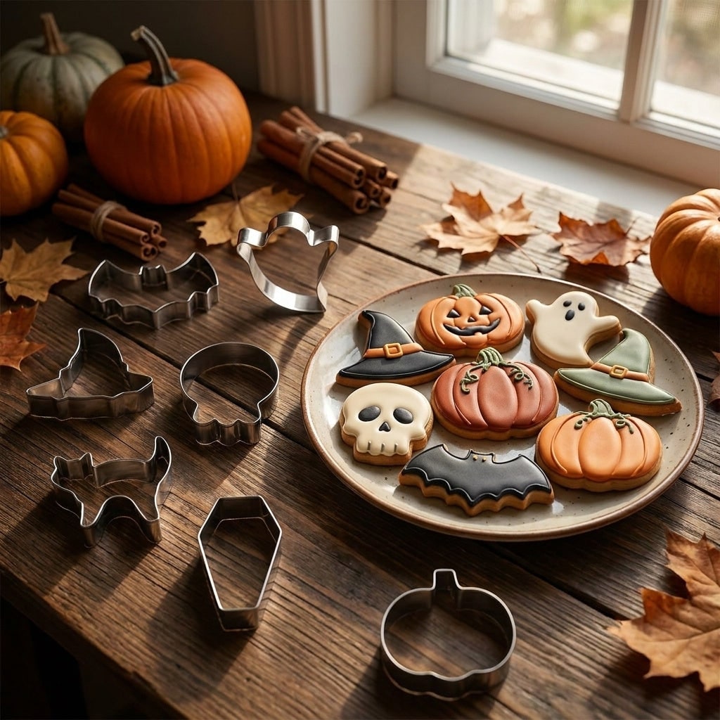 Thermabuild | Halloween Stainless Steel Cookie Cutters Set with 7 Shapes Including Bat Ghost Pumpkin and Skull