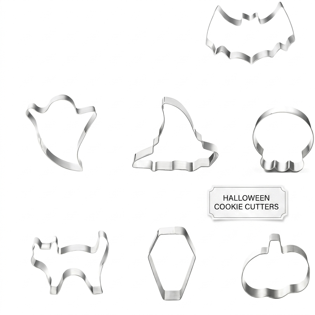 Thermabuild | Halloween Stainless Steel Cookie Cutters Set with 7 Shapes Including Bat Ghost Pumpkin and Skull