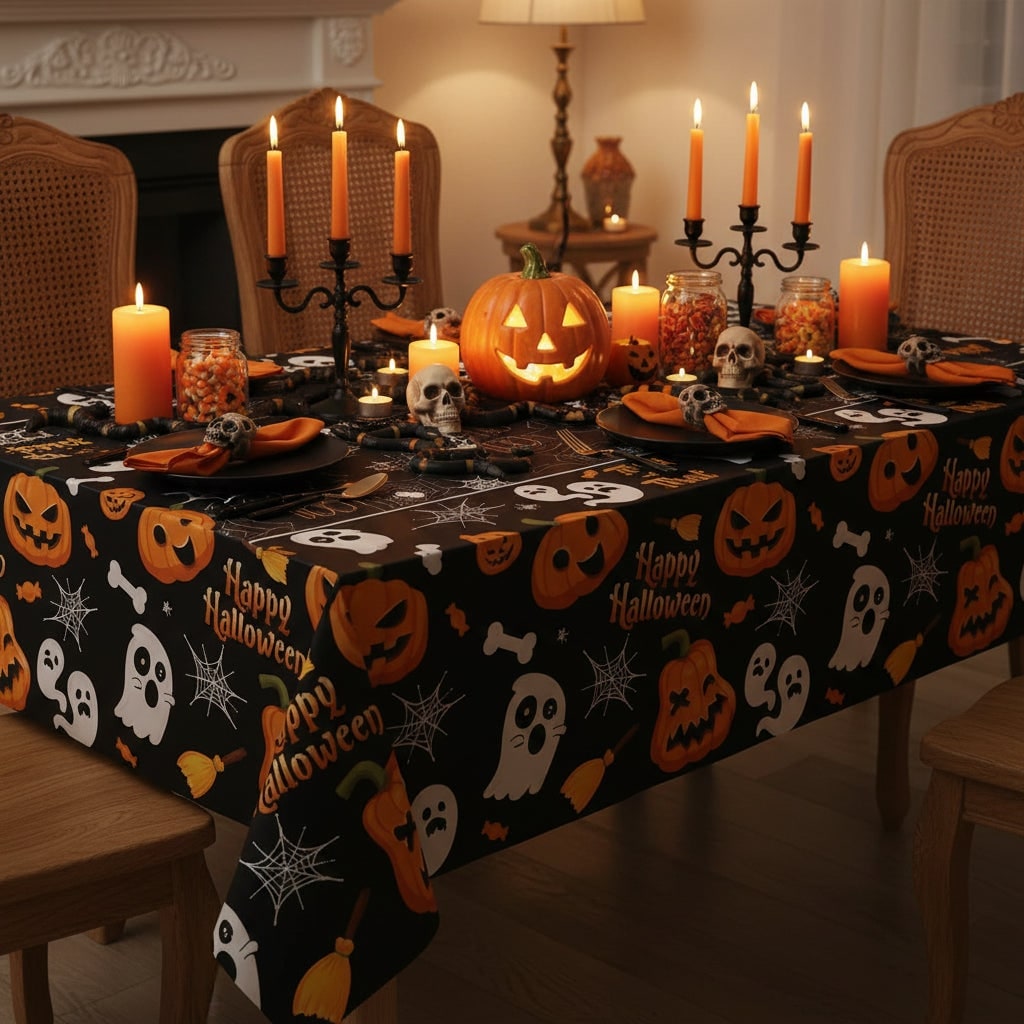 Thermabuild | Halloween Tablecloth Disposable Plastic Table Cover with Pumpkin Ghost and Spiderweb Pattern