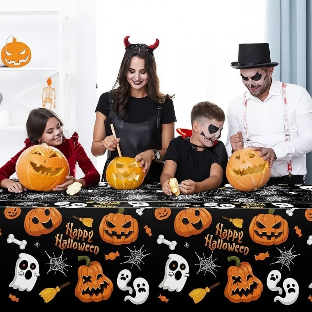Thermabuild | Halloween Tablecloth Disposable Plastic Table Cover with Pumpkin Ghost and Spiderweb Pattern