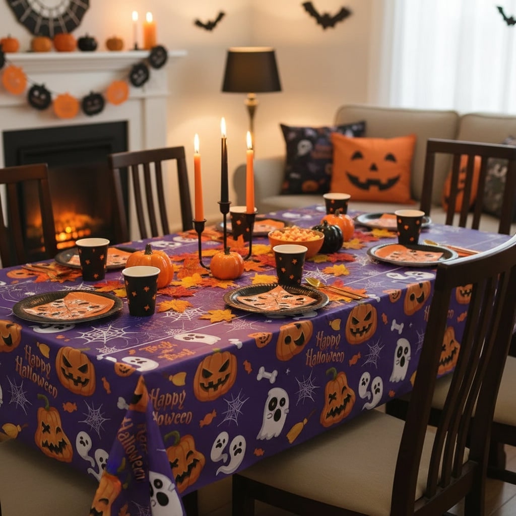 Thermabuild | Halloween Tablecloth Disposable Plastic Table Cover with Pumpkin Ghost and Spiderweb Pattern