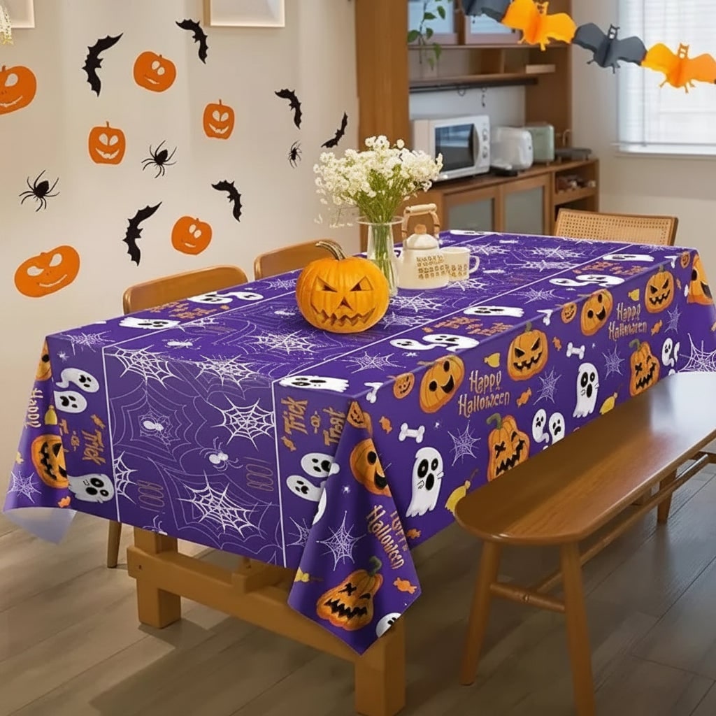 Thermabuild | Halloween Tablecloth Disposable Plastic Table Cover with Pumpkin Ghost and Spiderweb Pattern