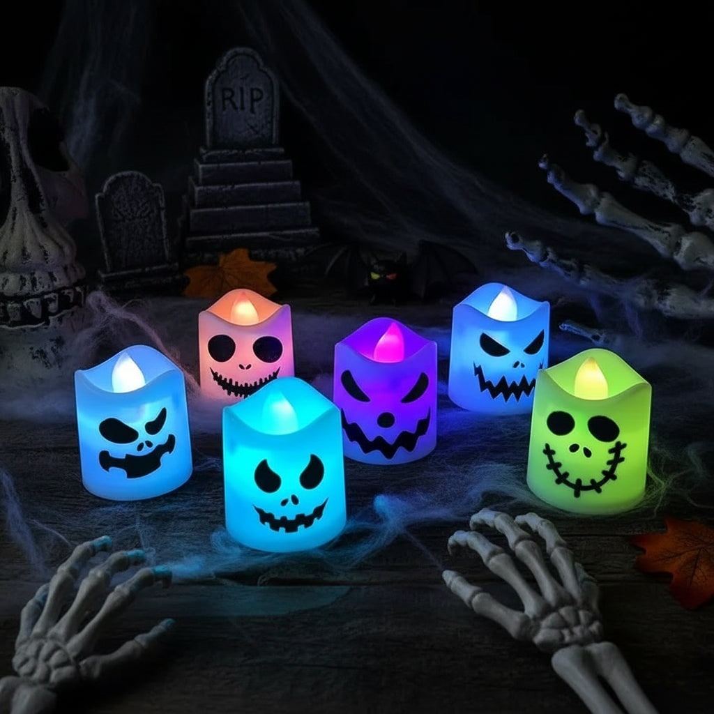 Thermabuild | Halloween Tea Lights Battery Operated LED with Spooky Faces Flameless Candles Set of 6