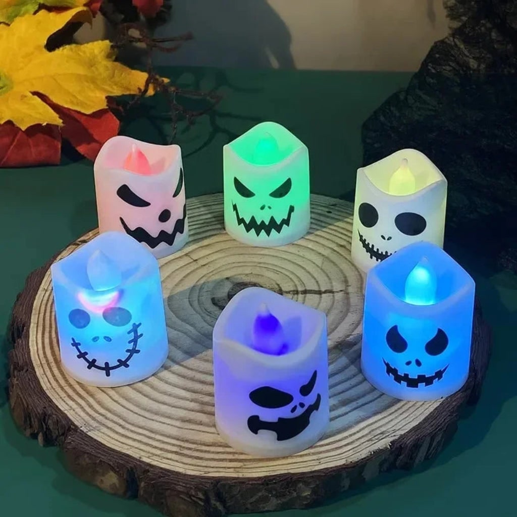 Thermabuild | Halloween Tea Lights Battery Operated LED with Spooky Faces Flameless Candles Set of 6