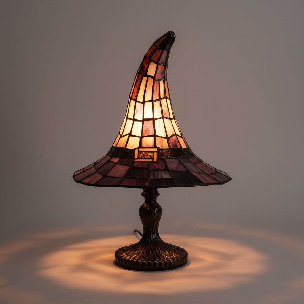 Thermabuild | Halloween Tiffany Glass Witch Hat Table Lamp with Stained Shade and Bronze Base