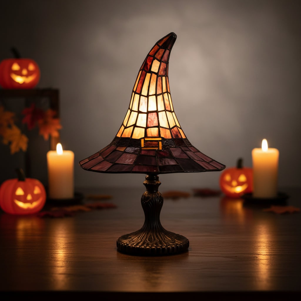 Thermabuild | Halloween Tiffany Glass Witch Hat Table Lamp with Stained Shade and Bronze Base