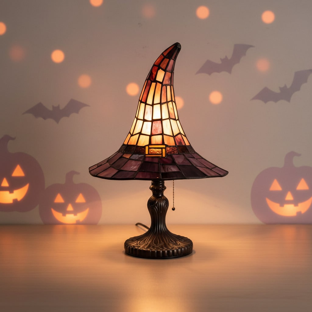 Thermabuild | Halloween Tiffany Glass Witch Hat Table Lamp with Stained Shade and Bronze Base