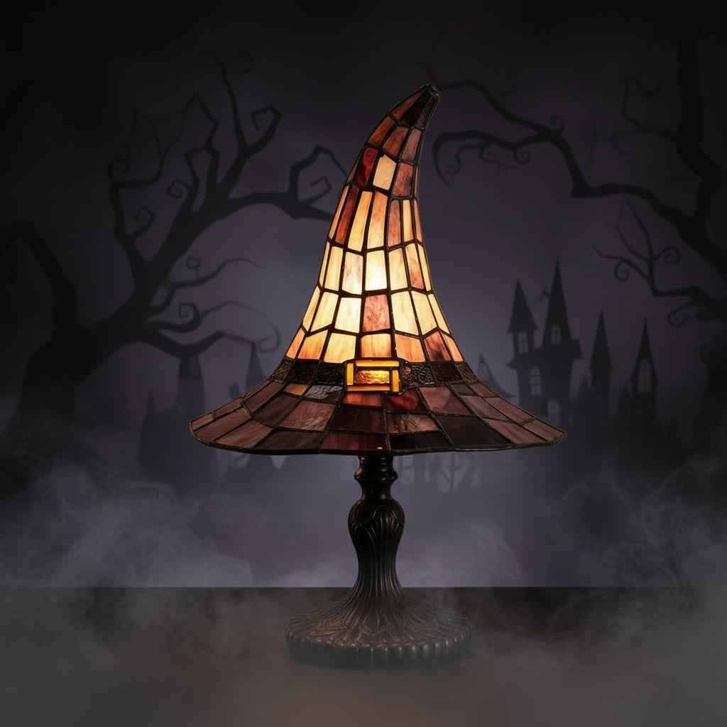 Thermabuild | Halloween Tiffany Glass Witch Hat Table Lamp with Stained Shade and Bronze Base