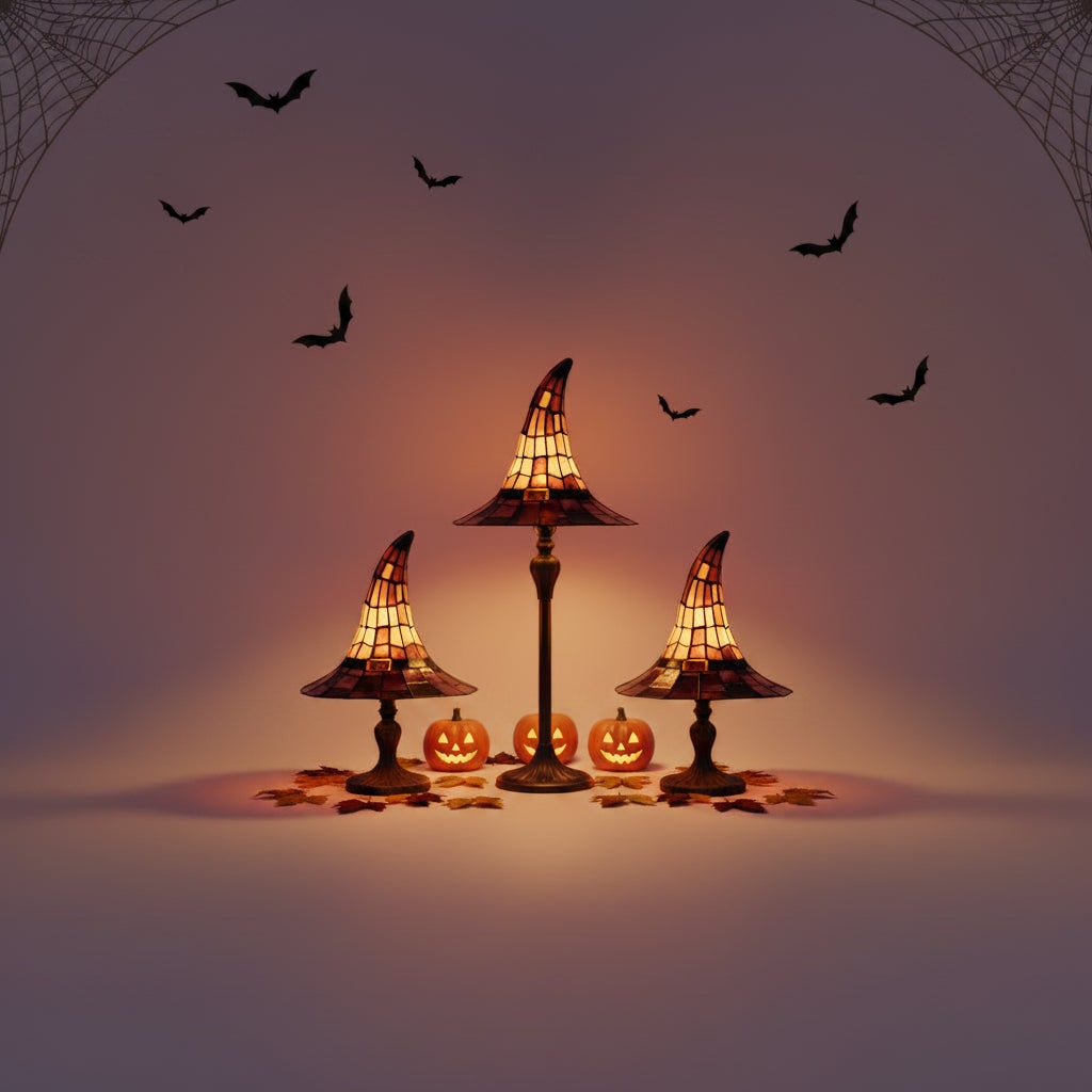 Thermabuild | Halloween Tiffany Glass Witch Hat Table Lamp with Stained Shade and Bronze Base