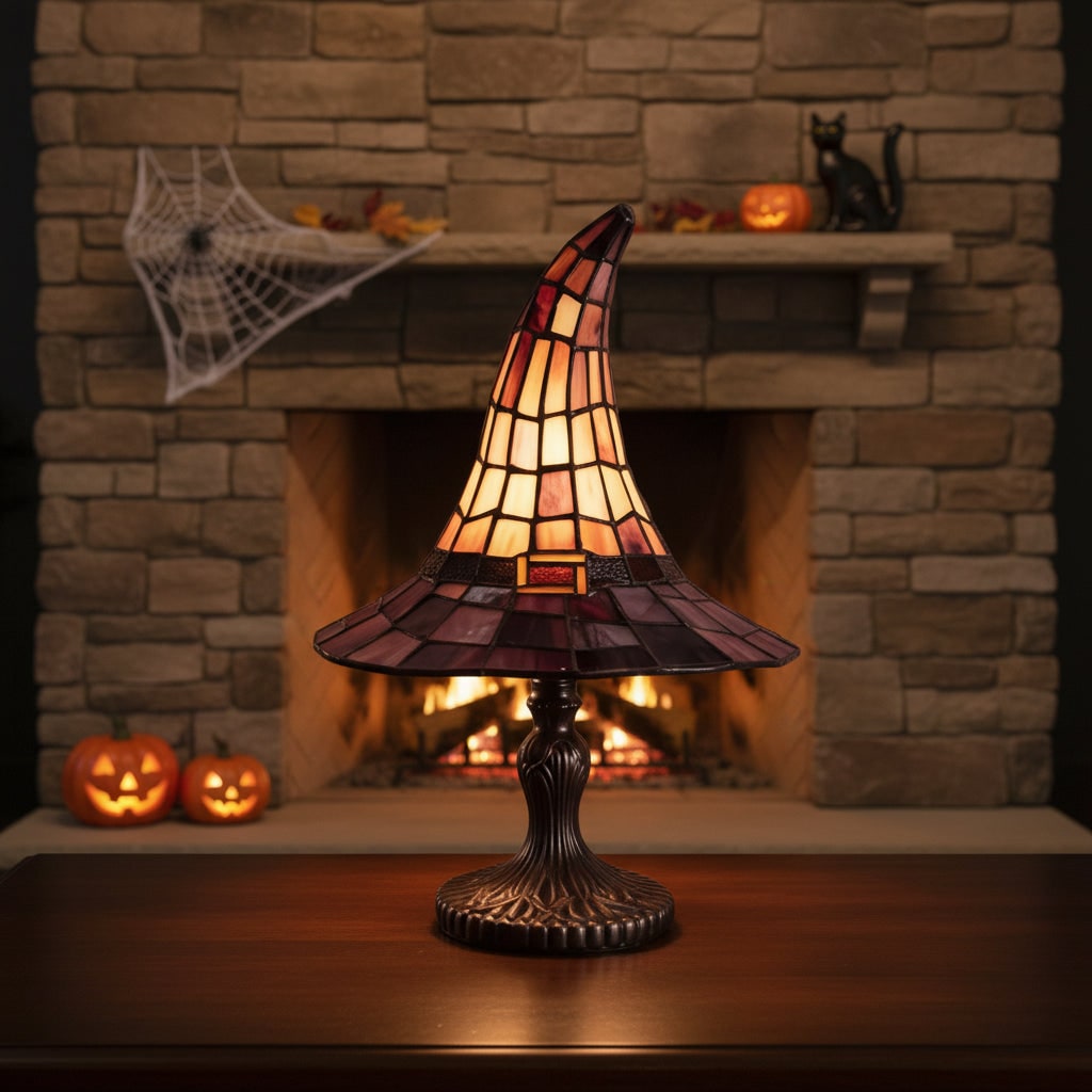 Thermabuild | Halloween Tiffany Glass Witch Hat Table Lamp with Stained Shade and Bronze Base