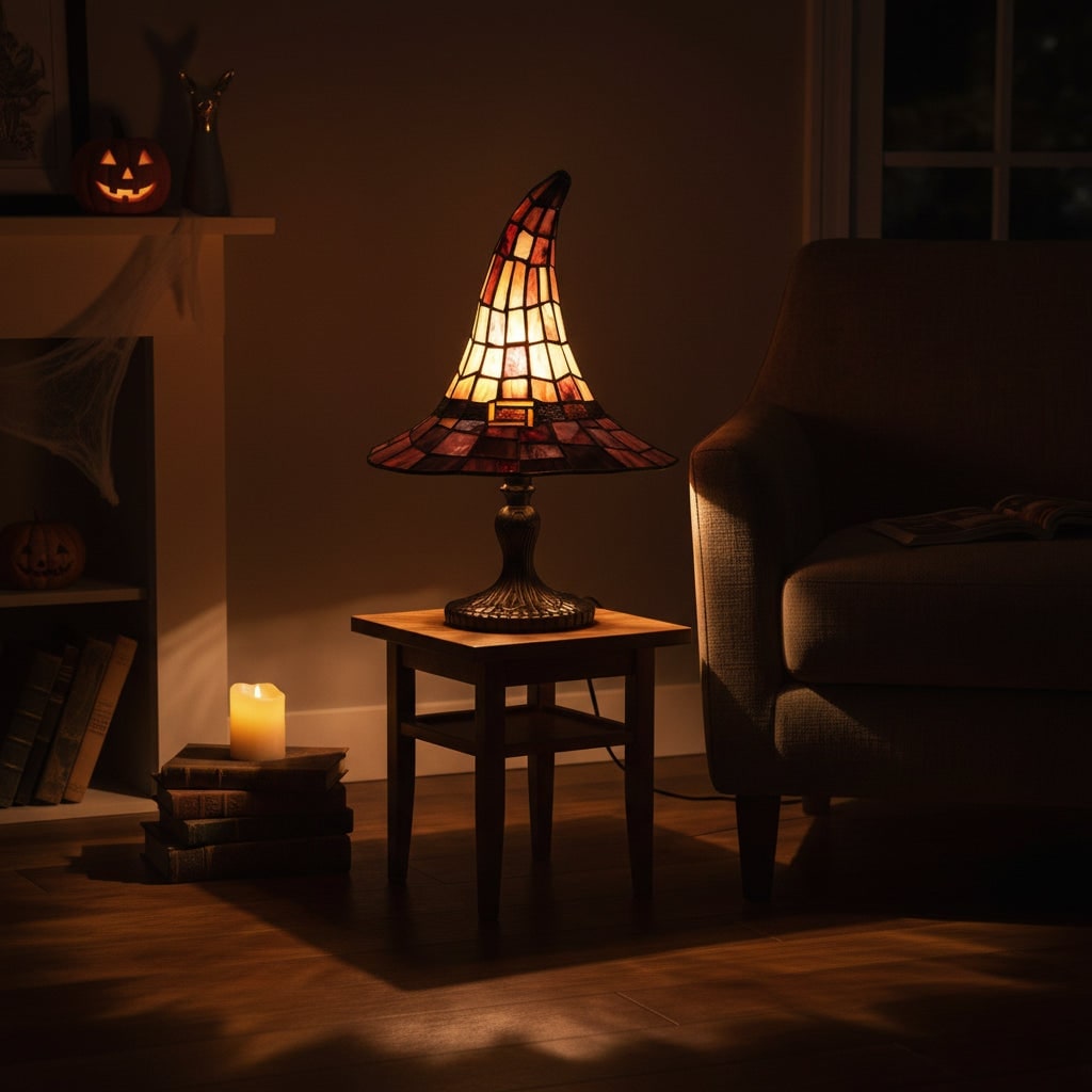 Thermabuild | Halloween Tiffany Style Stained Glass Witch Hat Table Lamp with Warm Glow Bedside Set Of 2