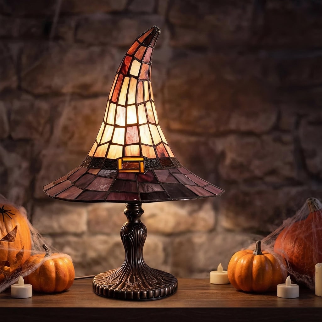 Thermabuild | Halloween Tiffany Style Stained Glass Witch Hat Table Lamp with Warm Glow Bedside Set Of 2