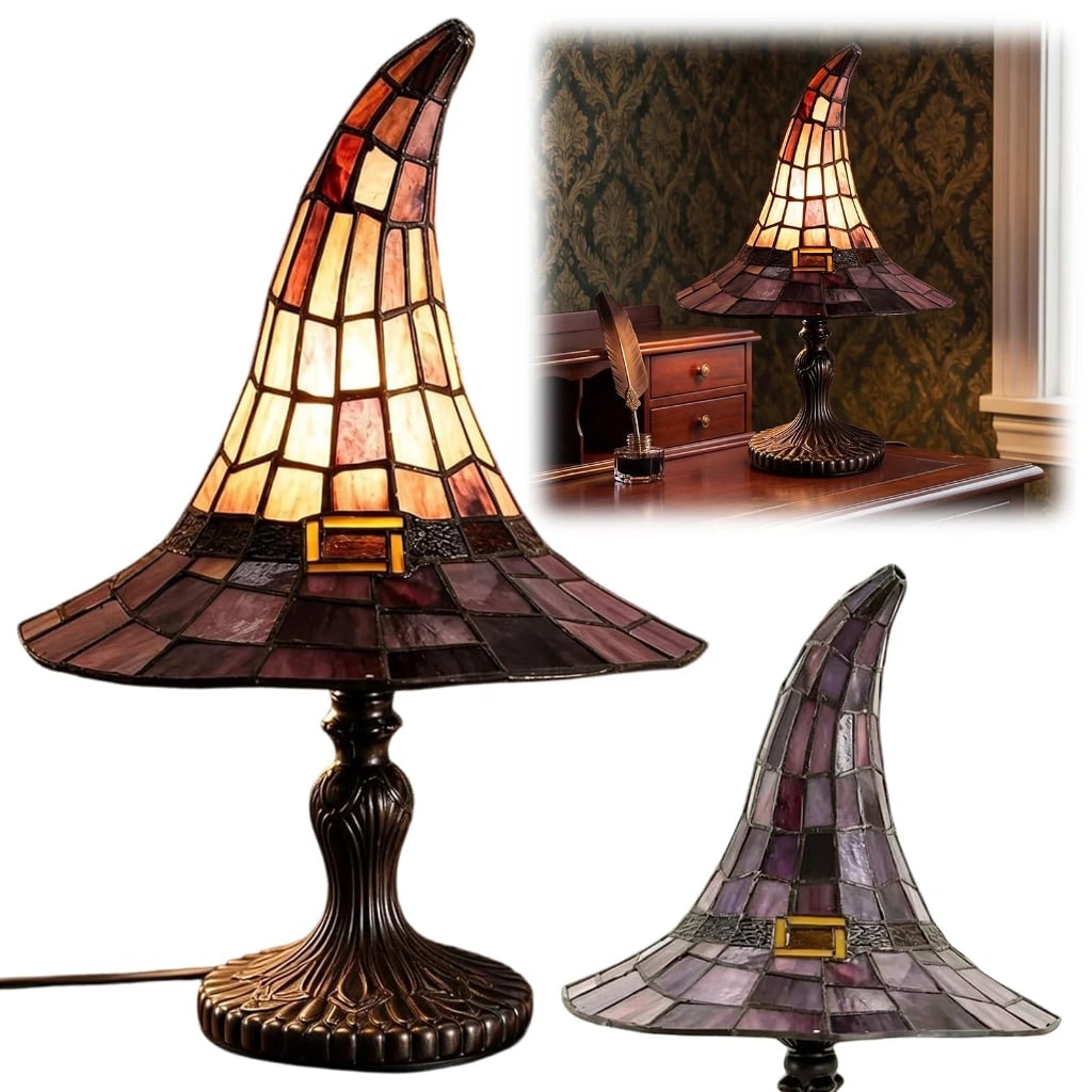 Thermabuild | Halloween Tiffany Style Stained Glass Witch Hat Table Lamp with Warm Glow Bedside Set Of 2