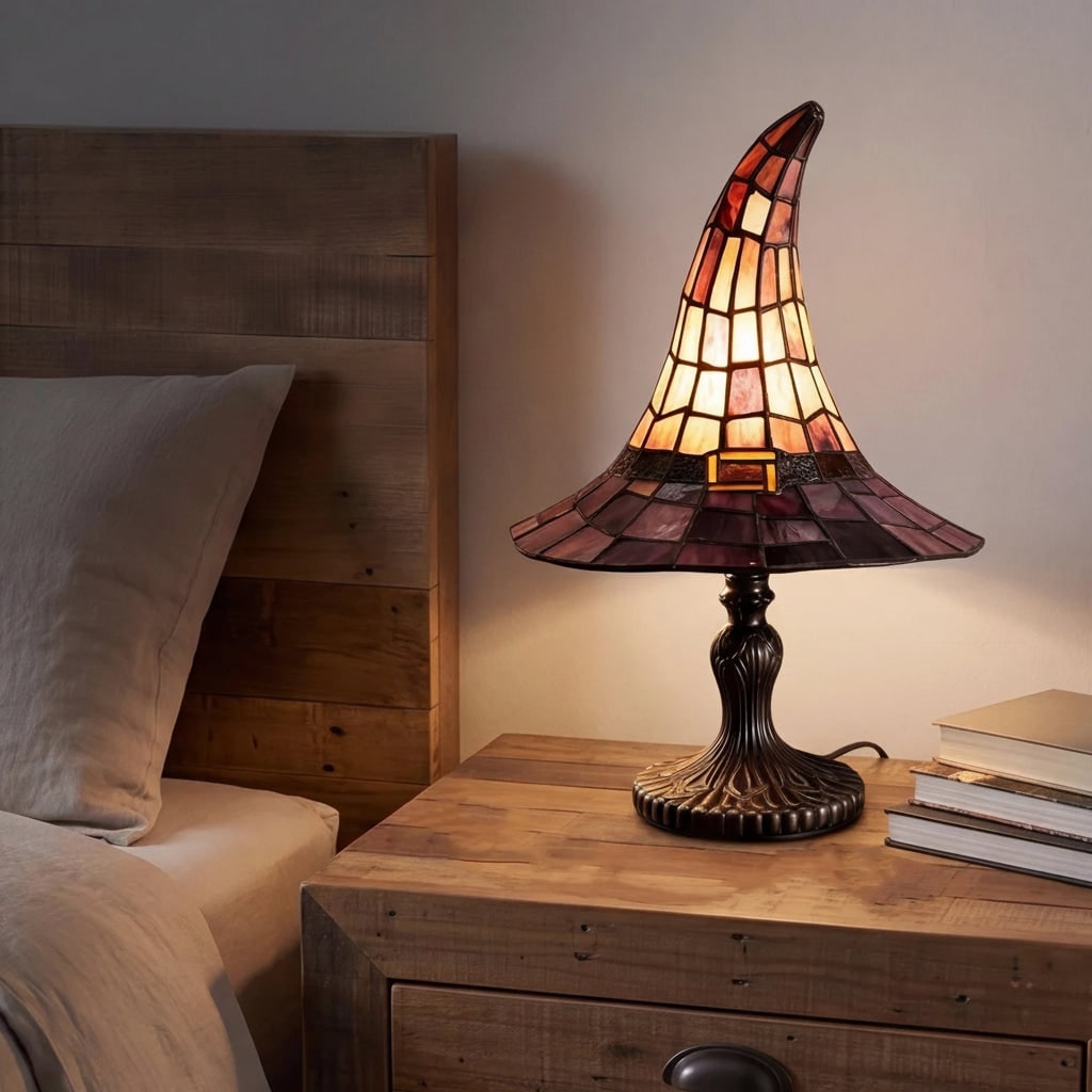 Thermabuild | Halloween Tiffany Style Stained Glass Witch Hat Table Lamp with Warm Glow Bedside Set Of 2