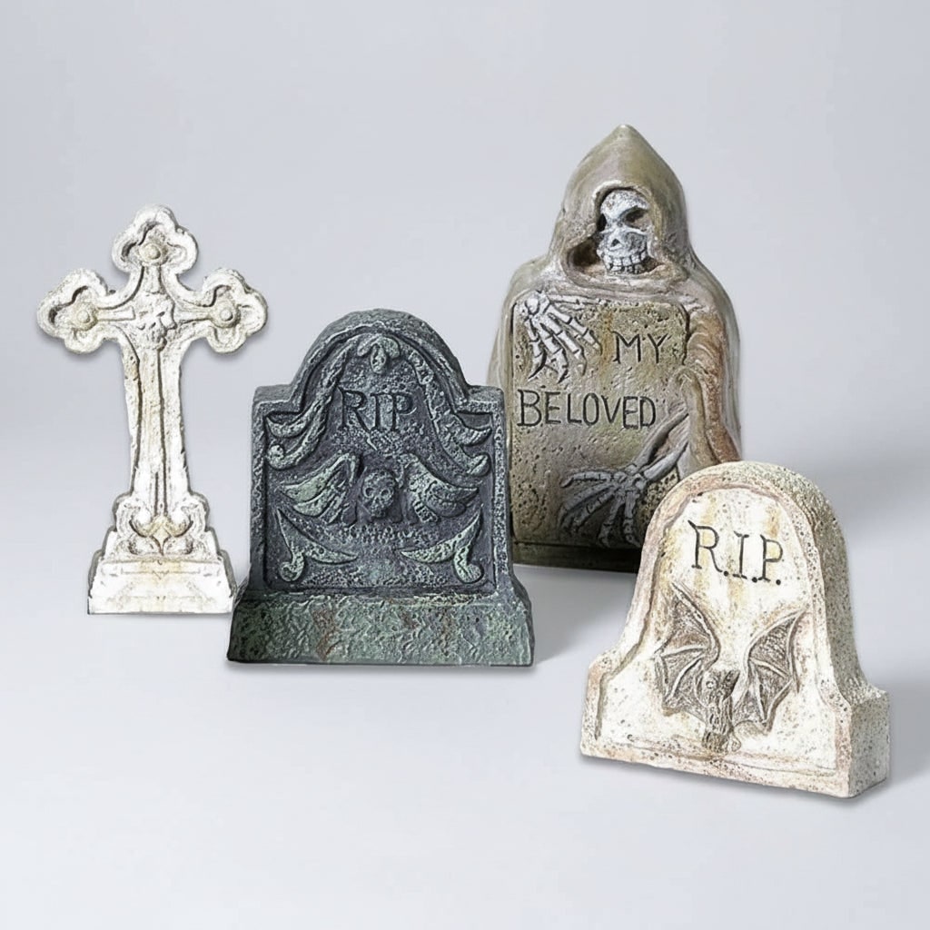 Thermabuild | Halloween Tombstones and Graveyard Decorations Resin 4-Piece Set for Party and Tabletop Display