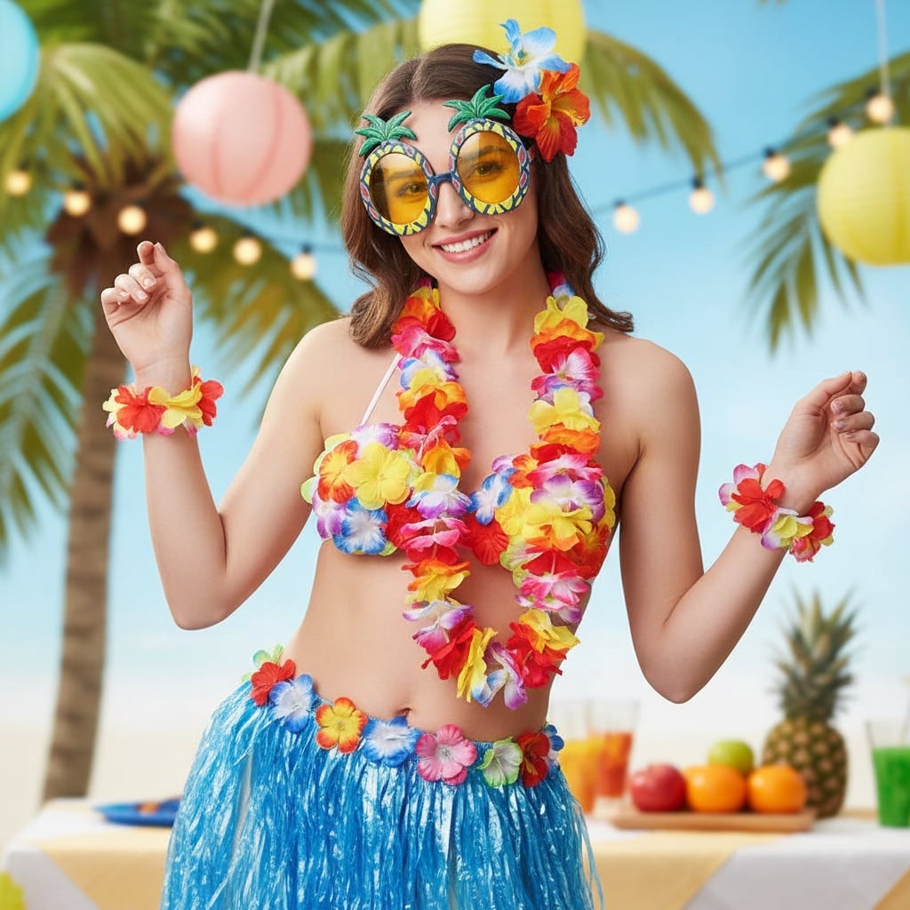Thermabuild | Halloween Two Piece Skirt and Top Matching Set Hawaiian Hula Costume with Grass Flower Lei