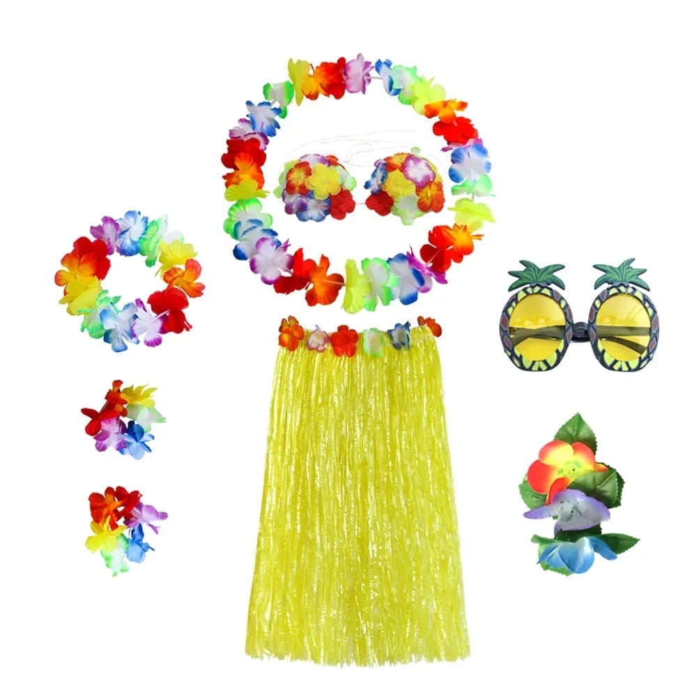 Thermabuild | Halloween Two Piece Skirt and Top Matching Set Hawaiian Hula Costume with Grass Flower Lei