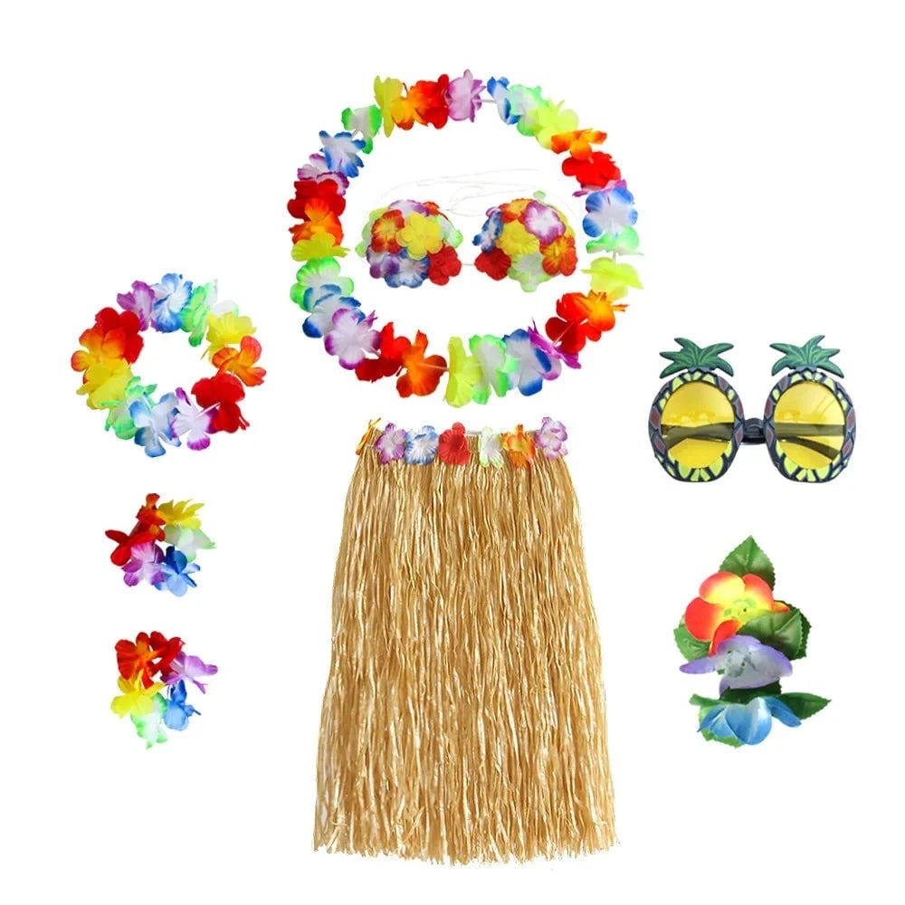 Thermabuild | Halloween Two Piece Skirt and Top Matching Set Hawaiian Hula Costume with Grass Flower Lei