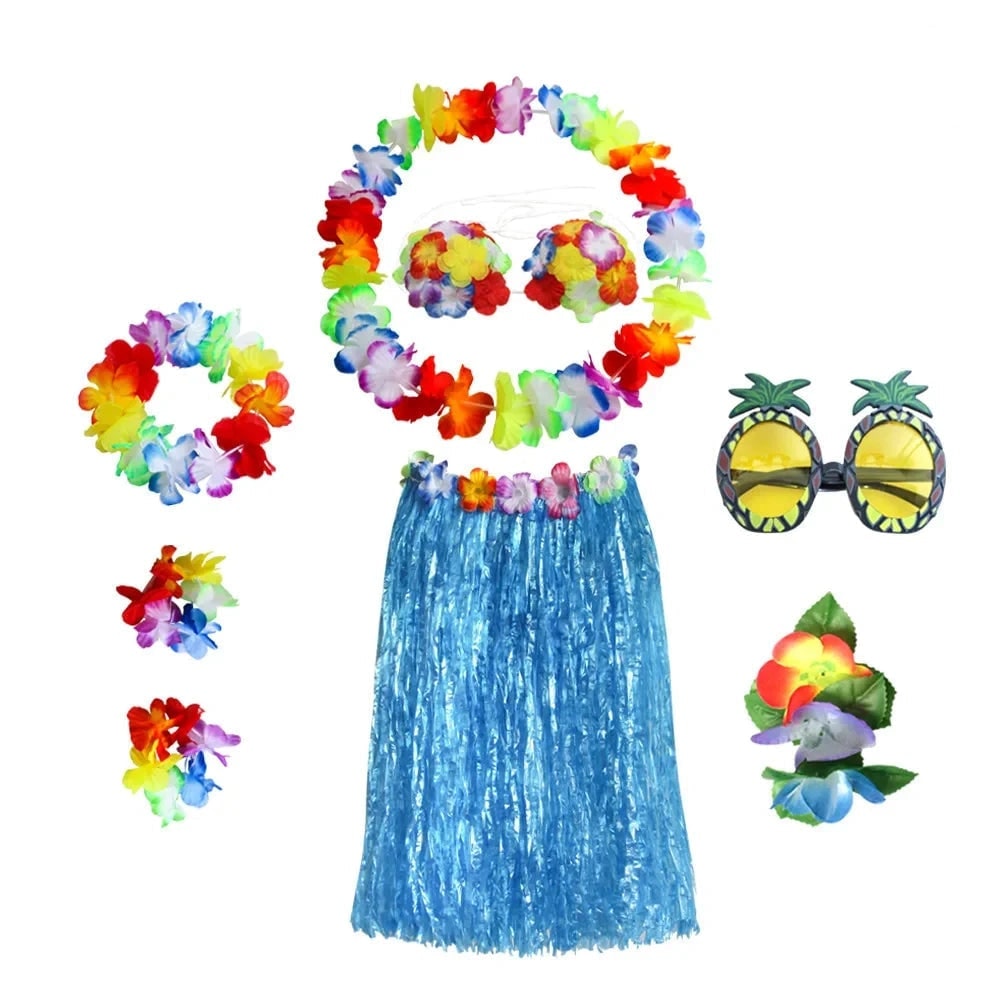 Thermabuild | Halloween Two Piece Skirt and Top Matching Set Hawaiian Hula Costume with Grass Flower Lei