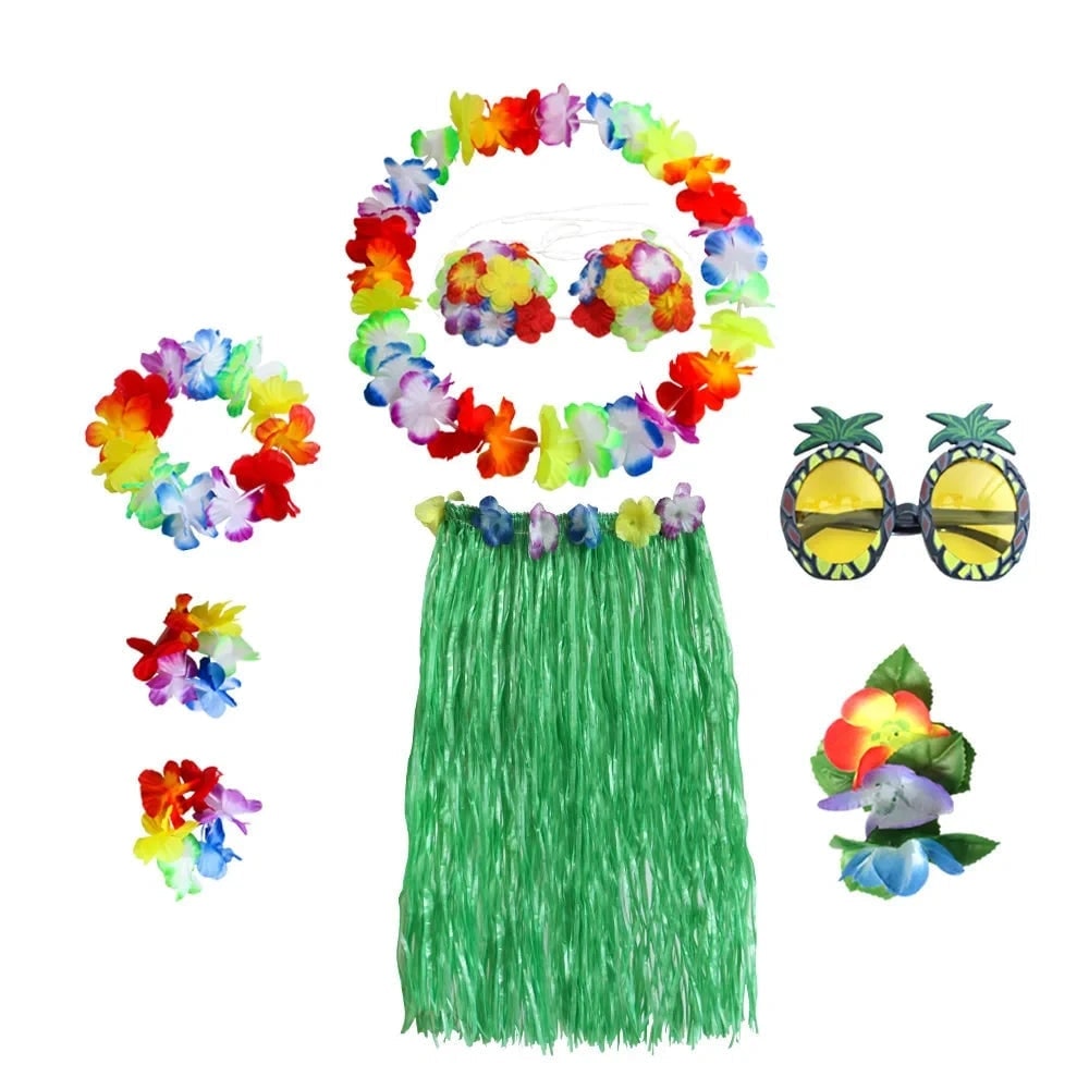 Thermabuild | Halloween Two Piece Skirt and Top Matching Set Hawaiian Hula Costume with Grass Flower Lei