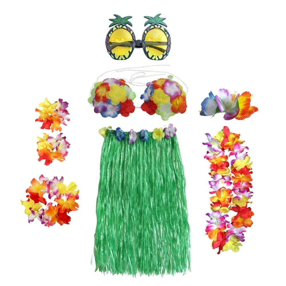 Thermabuild | Halloween Two Piece Skirt and Top Matching Set Hawaiian Hula Costume with Grass Flower Lei