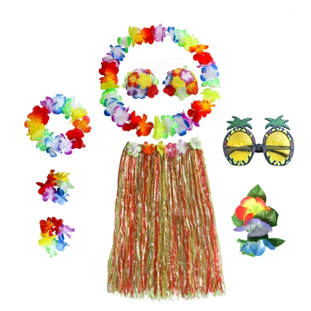 Thermabuild | Halloween Two Piece Skirt and Top Matching Set Hawaiian Hula Costume with Grass Flower Lei