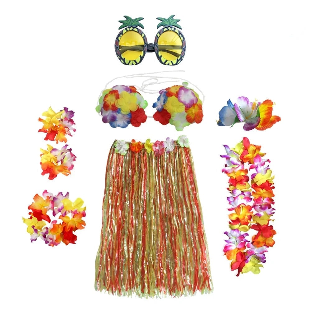 Thermabuild | Halloween Two Piece Skirt and Top Matching Set Hawaiian Hula Costume with Grass Flower Lei