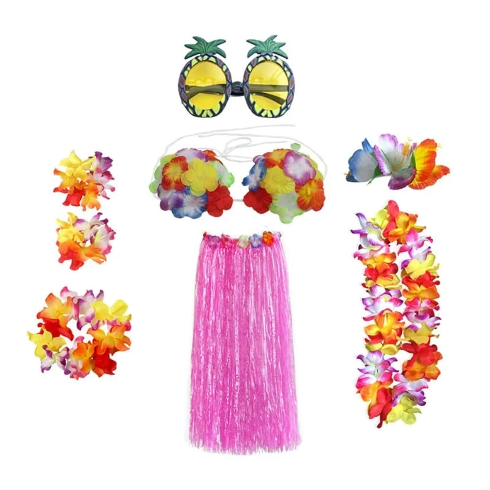 Thermabuild | Halloween Two Piece Skirt and Top Matching Set Hawaiian Hula Costume with Grass Flower Lei
