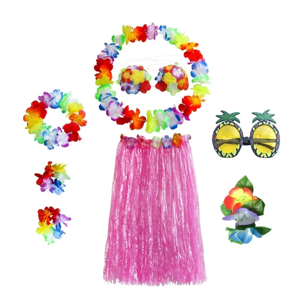Thermabuild | Halloween Two Piece Skirt and Top Matching Set Hawaiian Hula Costume with Grass Flower Lei