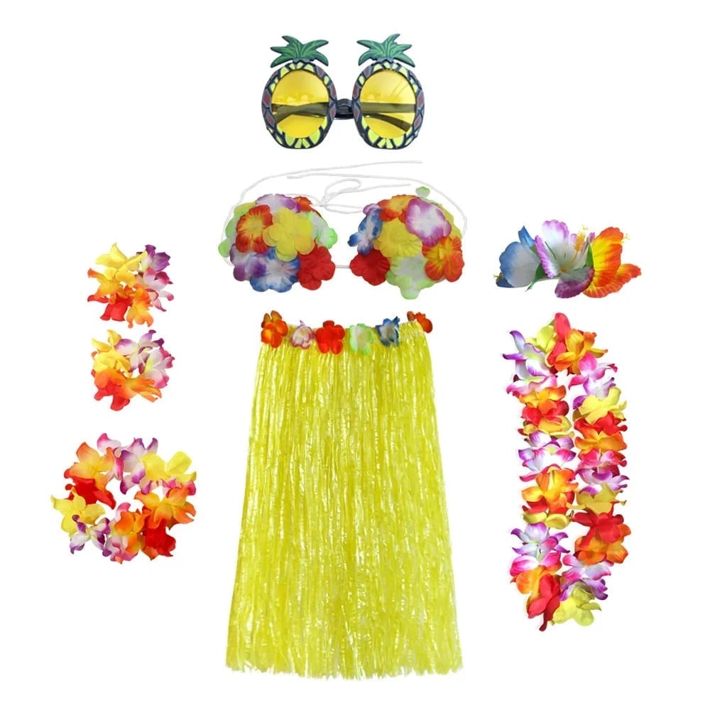 Thermabuild | Halloween Two Piece Skirt and Top Matching Set Hawaiian Hula Costume with Grass Flower Lei