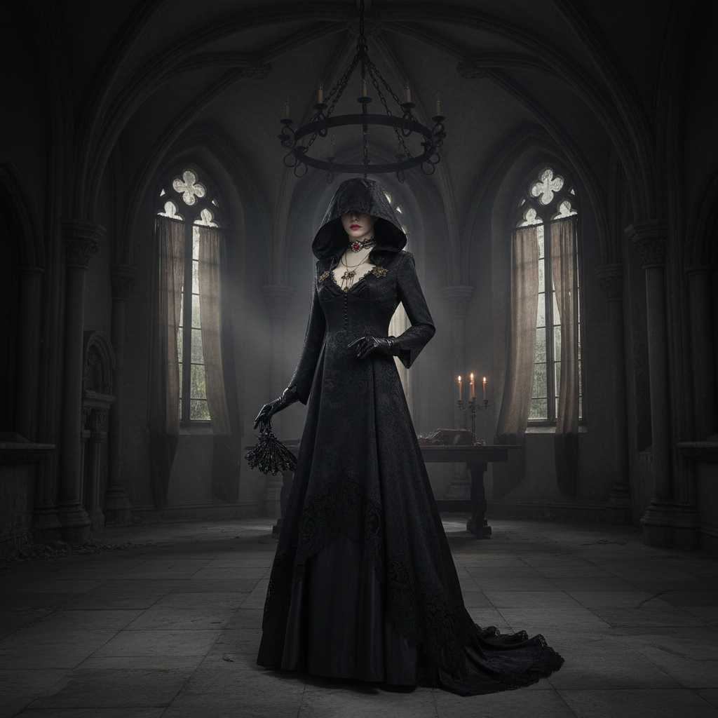 Thermabuild | Halloween Vampire Costume Gothic Hooded Black Dress with Lace Choker Pendant and Gloves