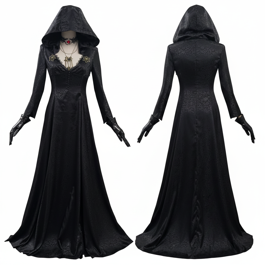 Thermabuild | Halloween Vampire Costume Gothic Hooded Black Dress with Lace Choker Pendant and Gloves