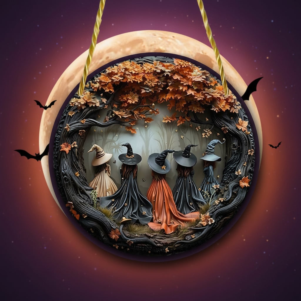 Thermabuild | Halloween Wall Art Plaque with 3D Witch Relief and Autumn Leaves for Decor Panel