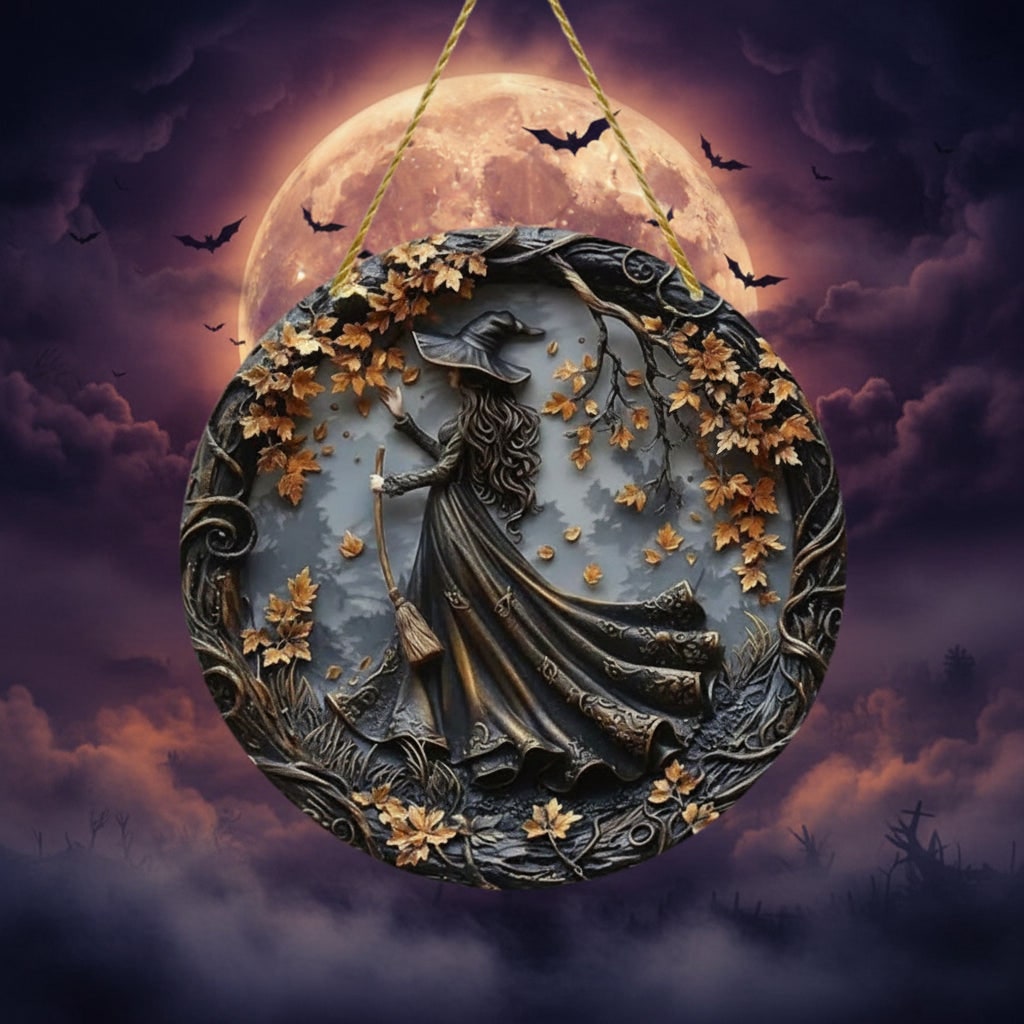 Thermabuild | Halloween Wall Art Plaque with 3D Witch Relief and Autumn Leaves for Decor Panel