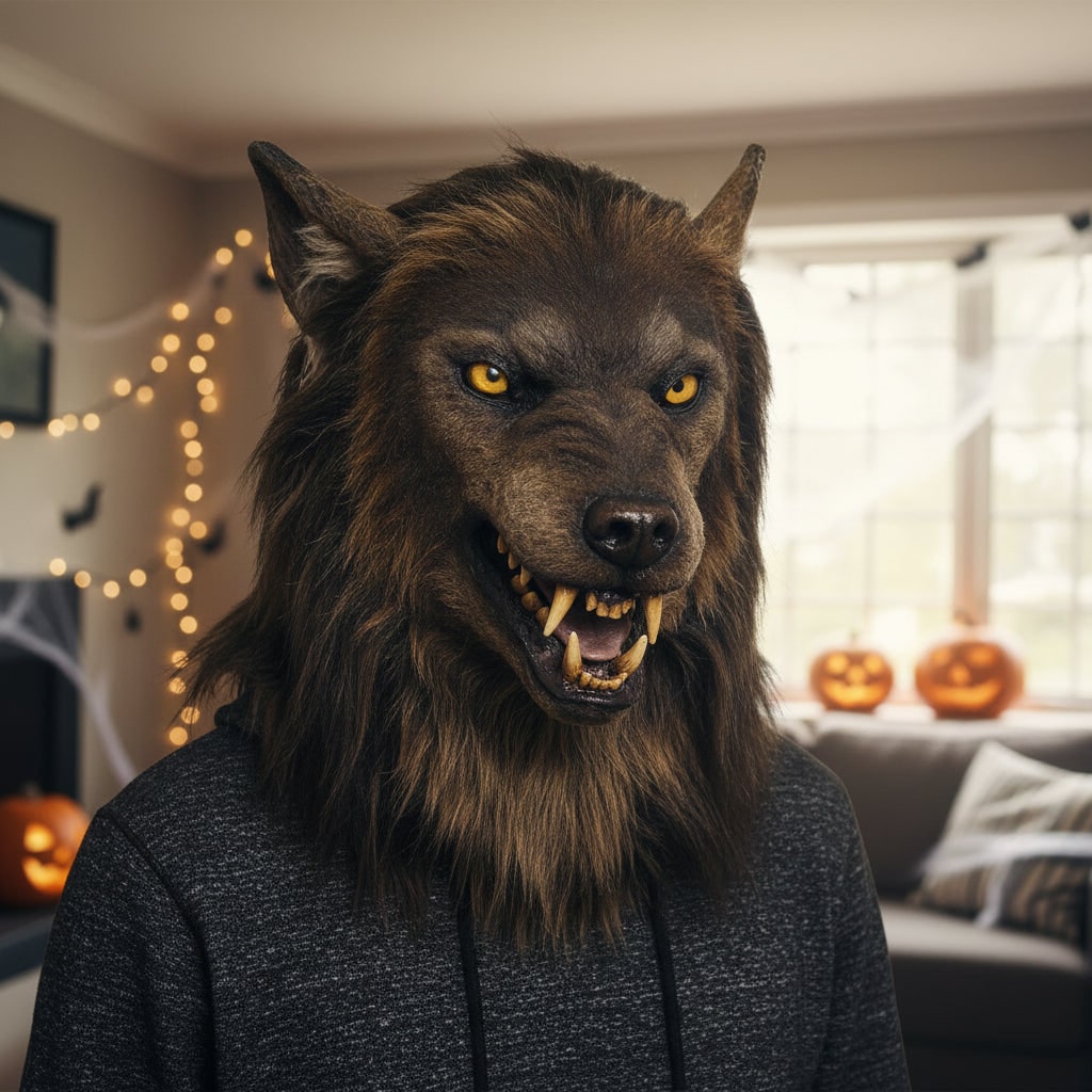 Thermabuild | Halloween Werewolf Mask Realistic Wolf Costume with Fangs and Faux Fur Day Of The Dead