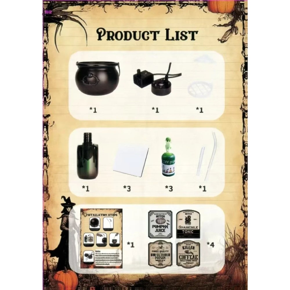 Thermabuild | Halloween Witch Cauldron Decoration Fog Machine LED Lights and Floating Bottle Prop