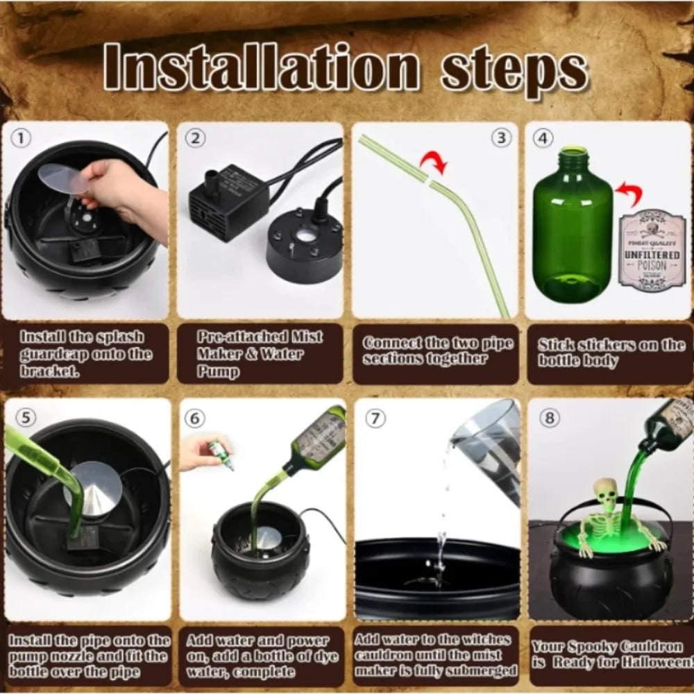 Thermabuild | Halloween Witch Cauldron Decoration Fog Machine LED Lights and Floating Bottle Prop