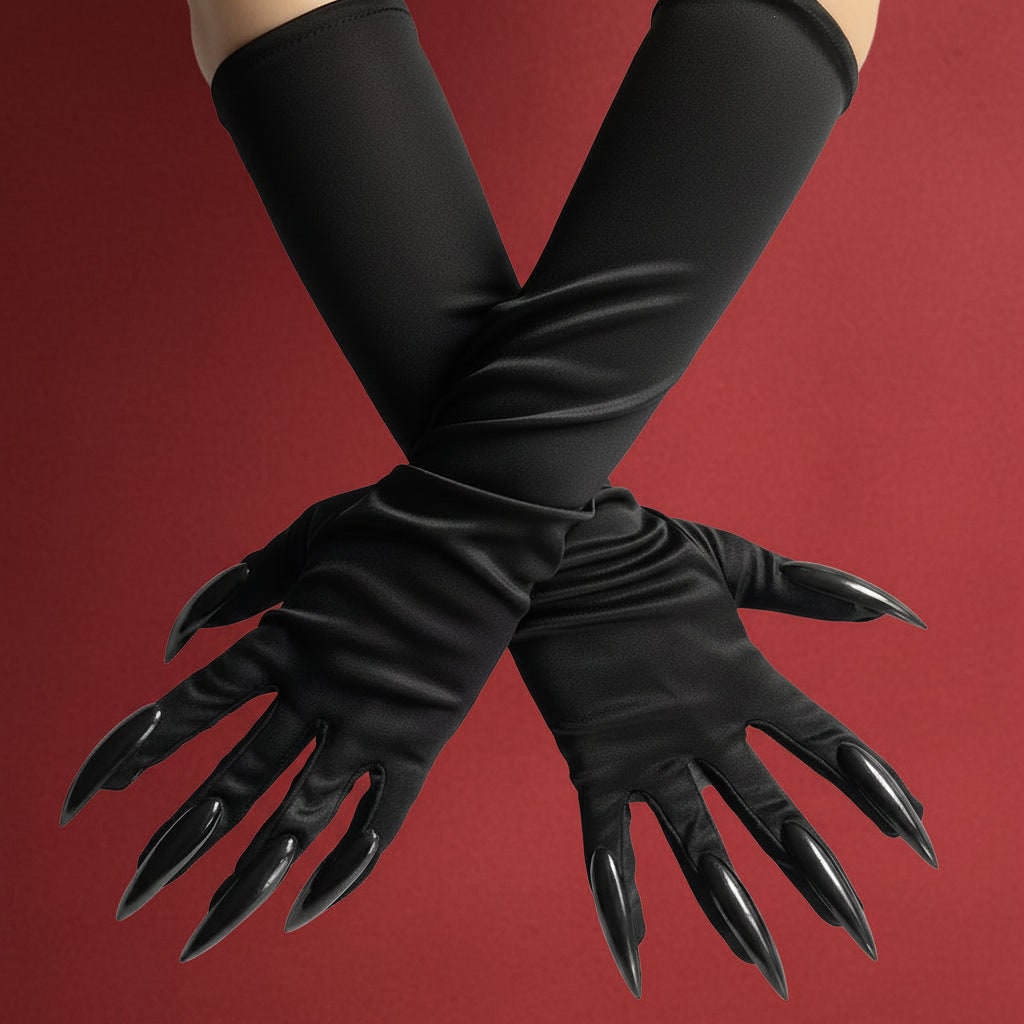 Thermabuild | Halloween Witch Costume Claw Gloves Long Black Satin with Attached Talons Elbow Length