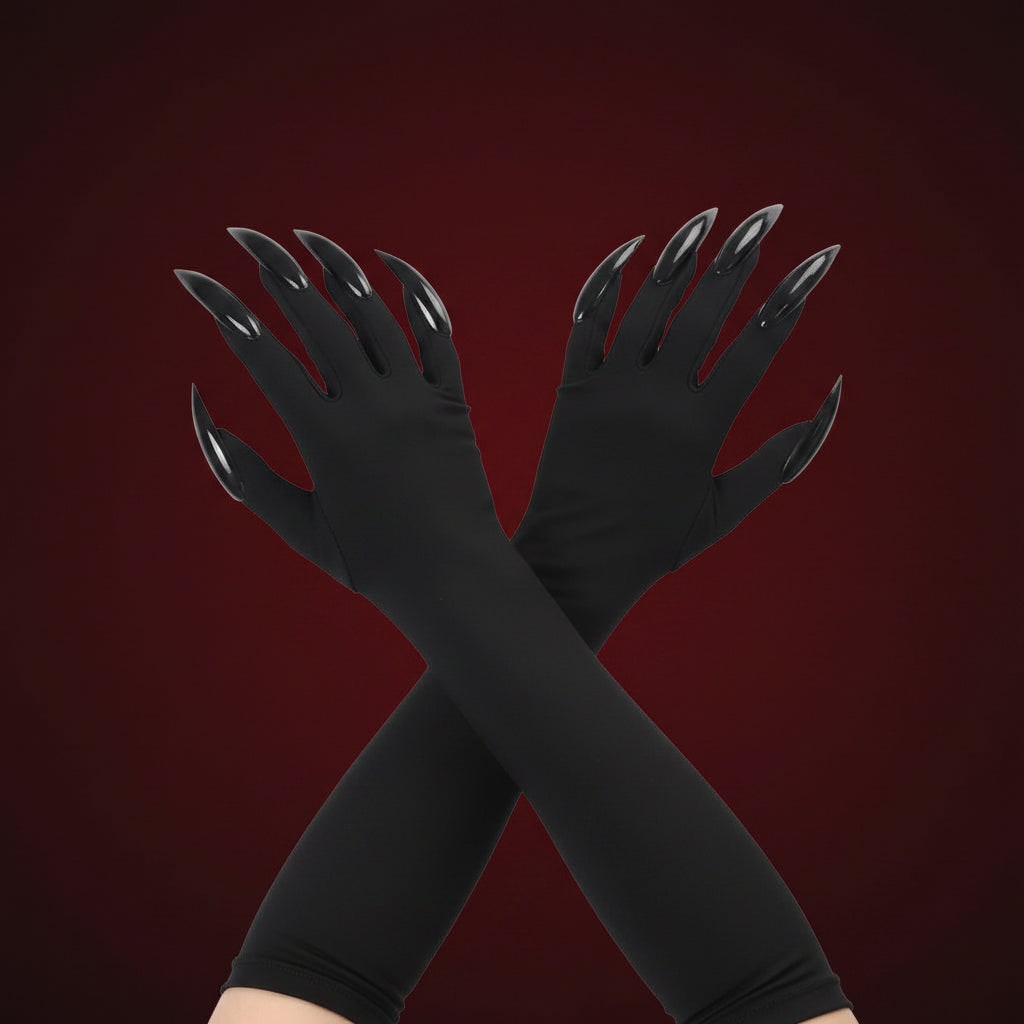 Thermabuild | Halloween Witch Costume Claw Gloves Long Black Satin with Attached Talons Elbow Length